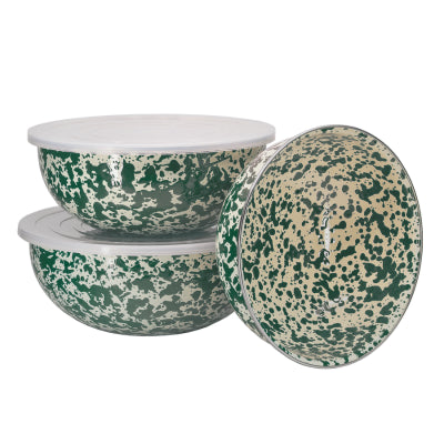 Splatter Enamelware Covered Multi-Purpose Bowl Set: Green and Cream Splatter