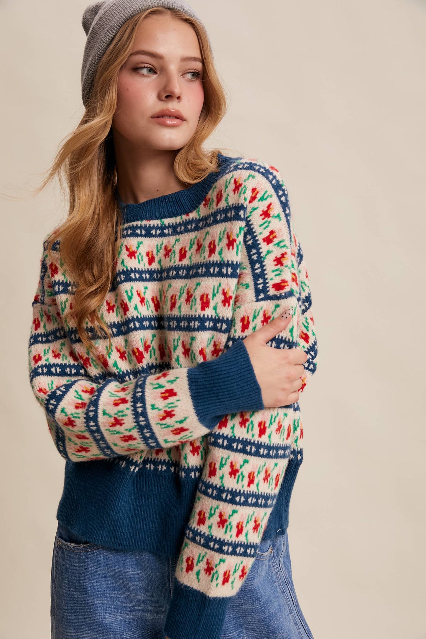 Floral Knit Sweater (Teal Color)