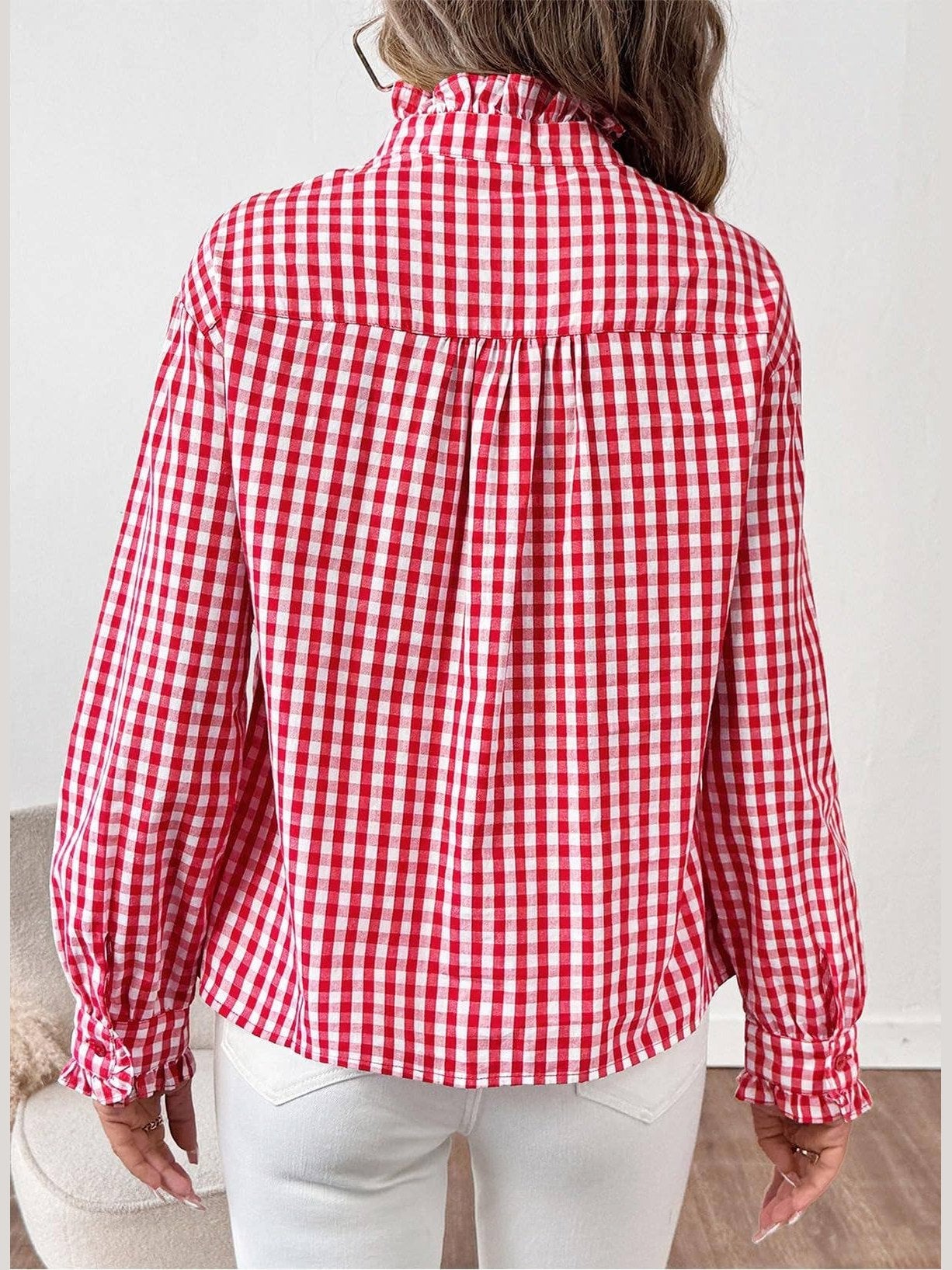 Gingham Check Plaid Ruffled Detail Shirt Blouse