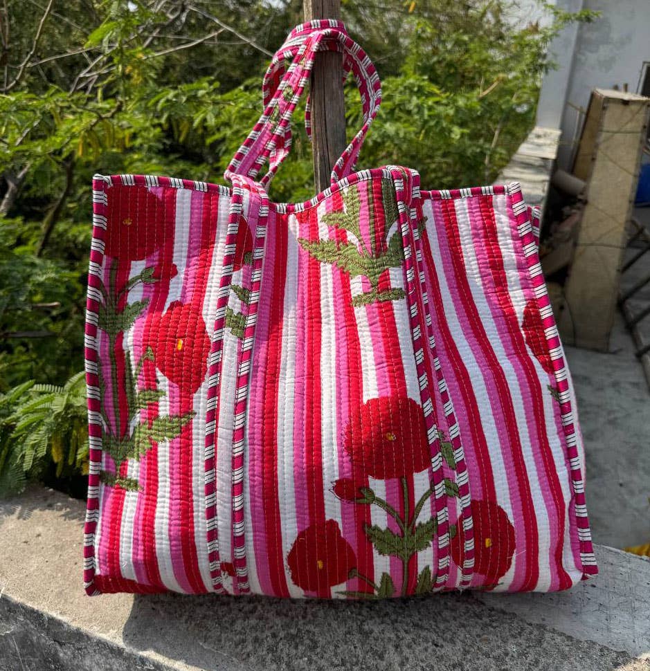 Floral Block Print Quilted Tote Bag