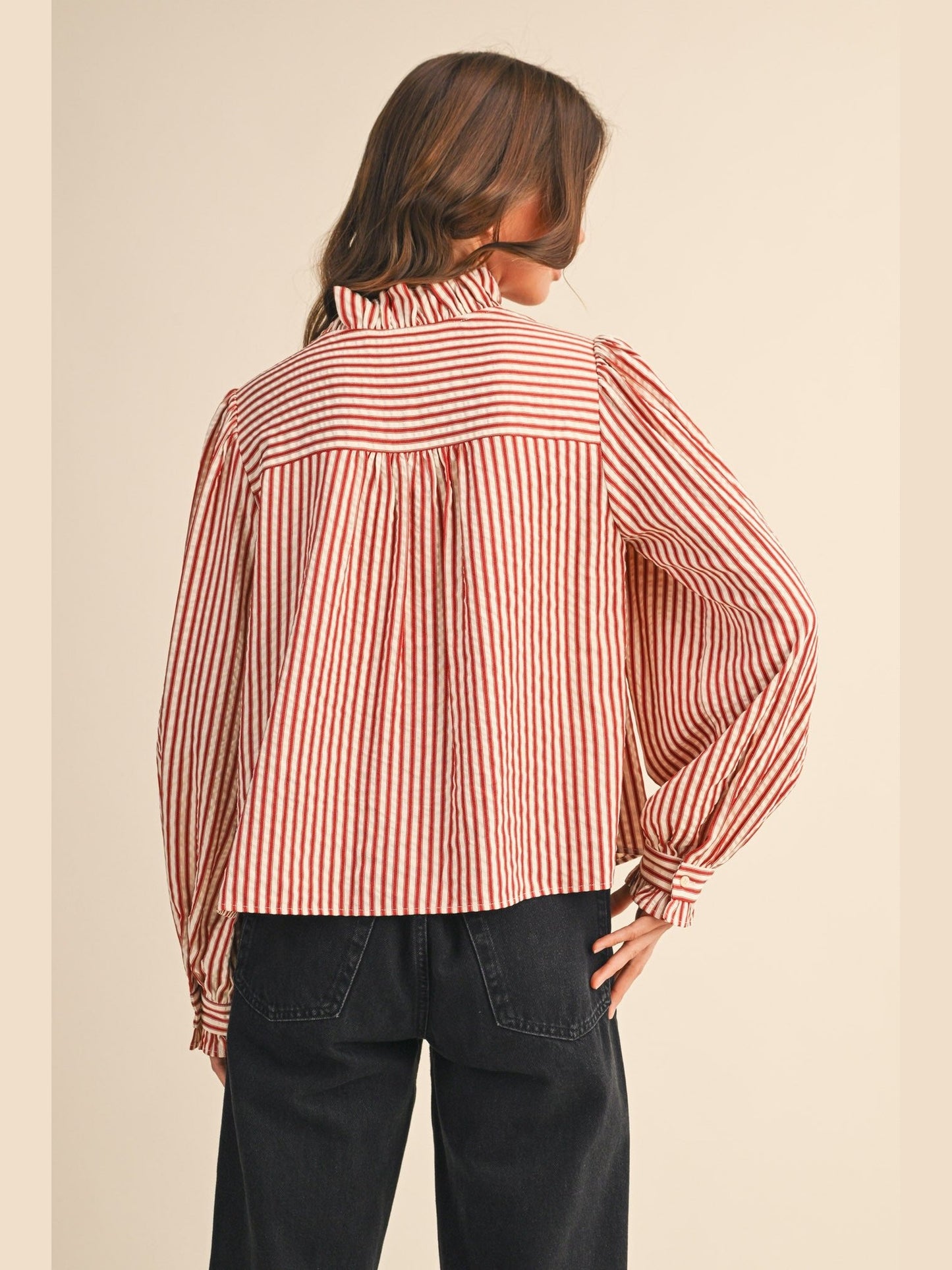Striped, Ruffled Button Down Long Sleeve Top