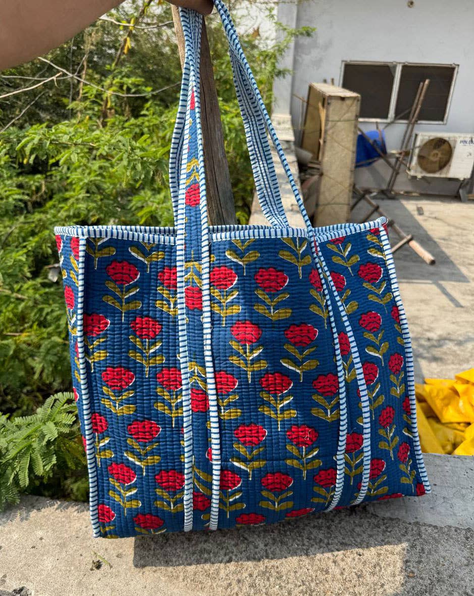 Quilted Blue Block Print Tote Bag