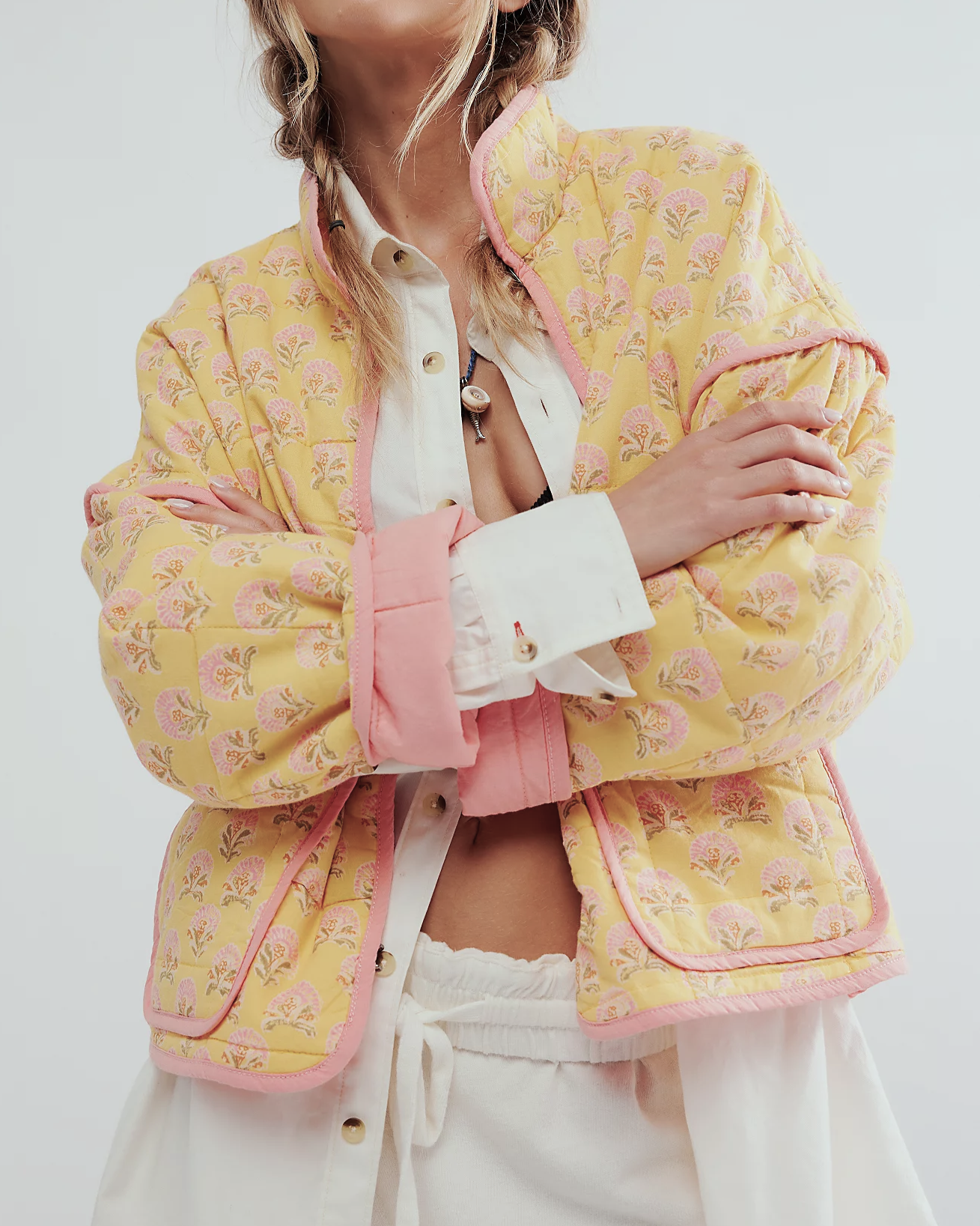 Floral Print Versatile Loose Quilted Jacket: Yellow