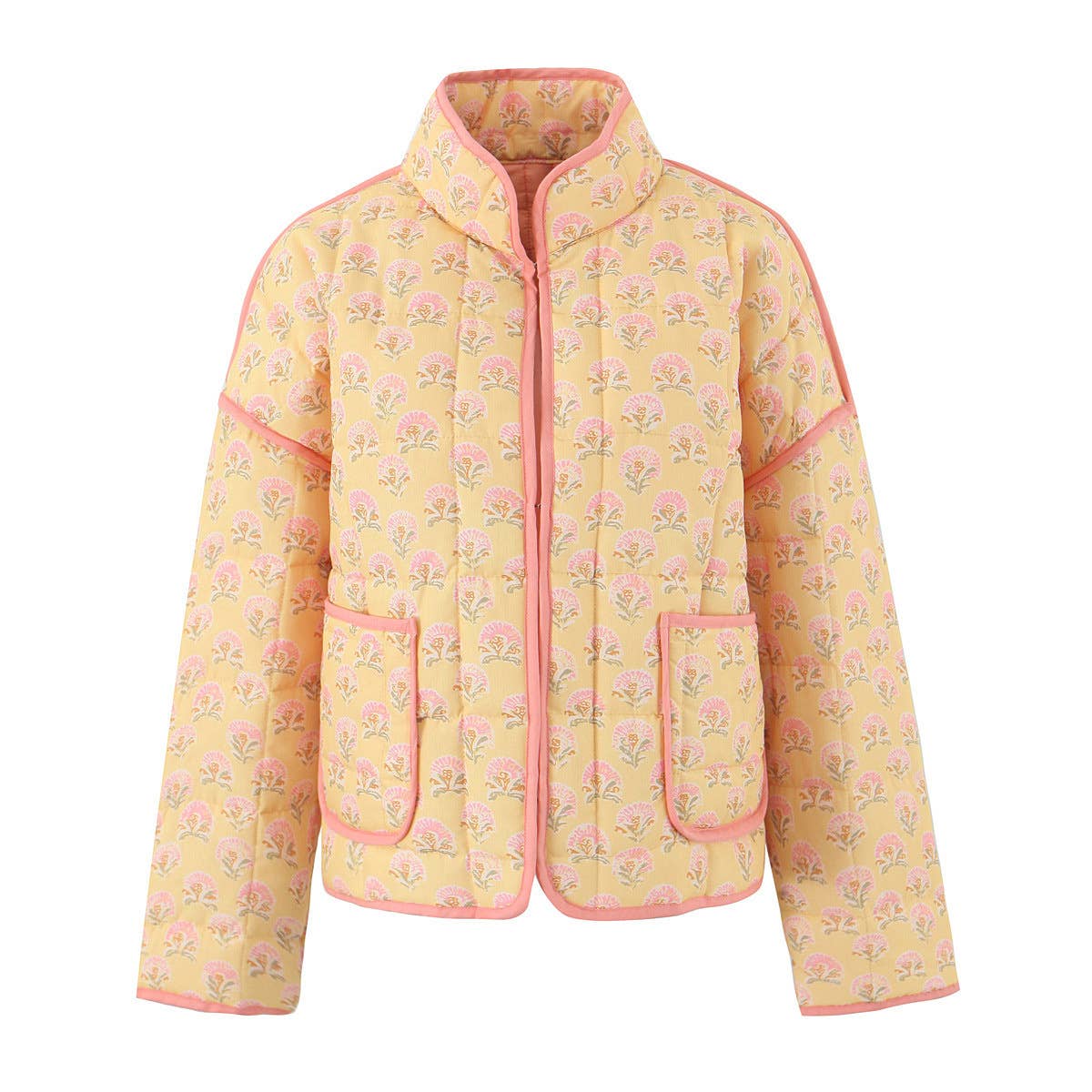 Floral Print Versatile Loose Quilted Jacket: Yellow