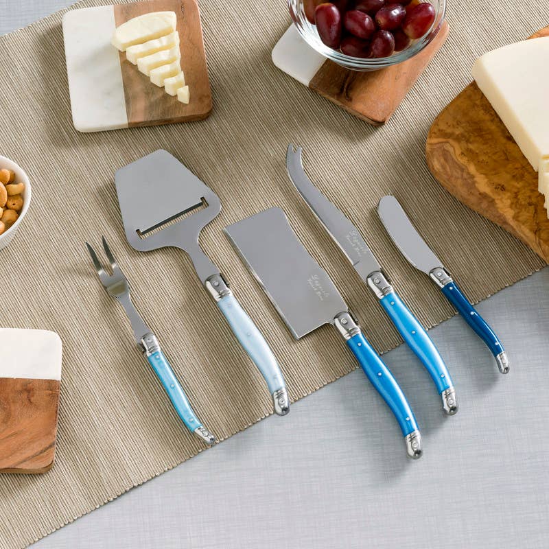 Laguiole 5 Piece Cheese Knife, Fork & Slicer Set (Blue)