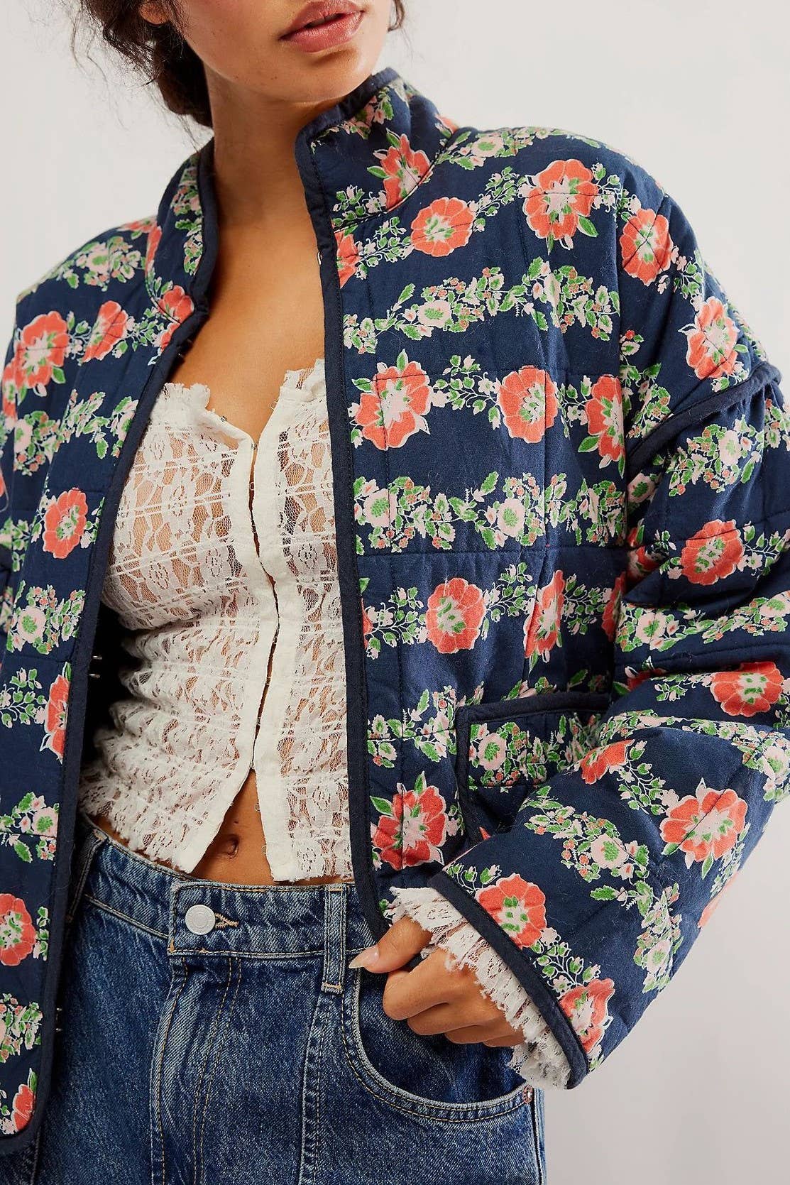 Amelia Floral quilted jacket: Navy