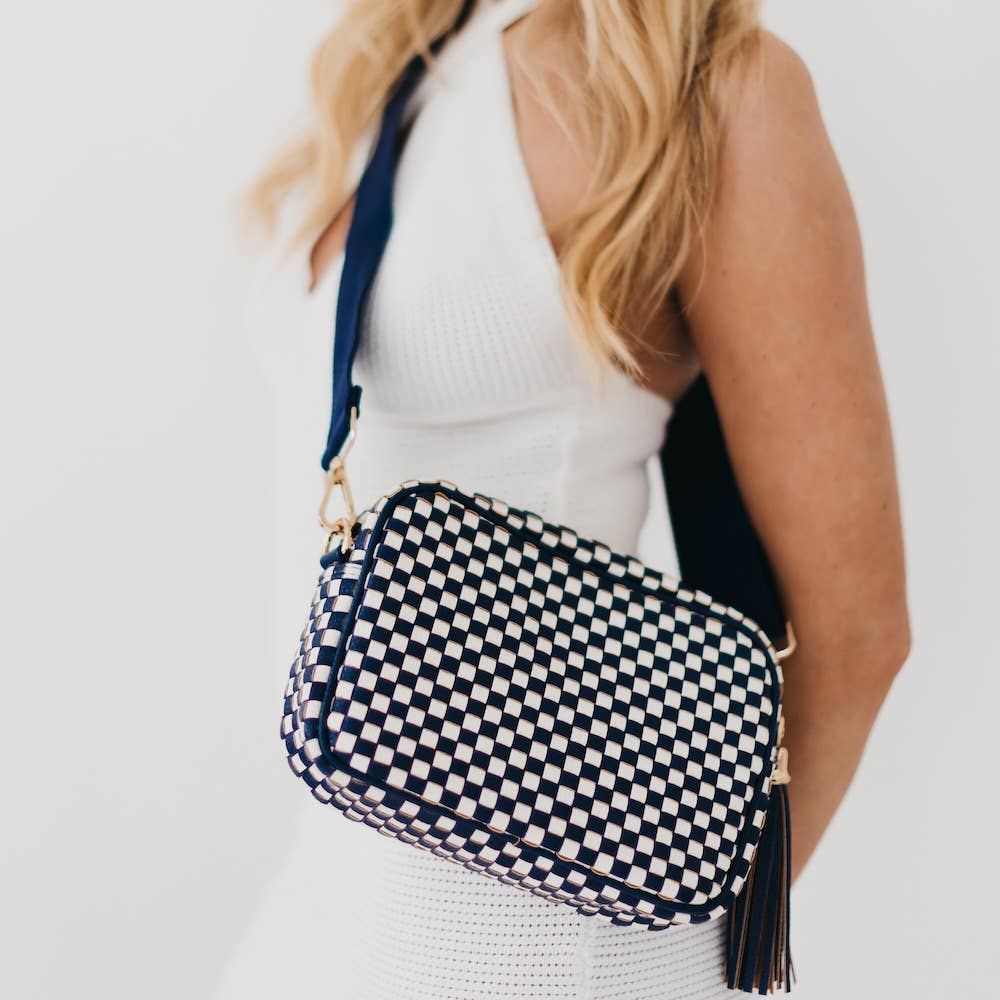 Woven Willow Camera Crossbody Bag: Checkered Navy