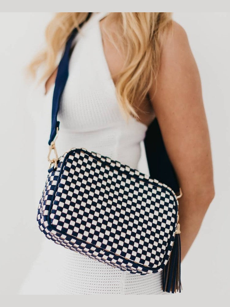 Woven Willow Camera Crossbody Bag: Checkered Navy