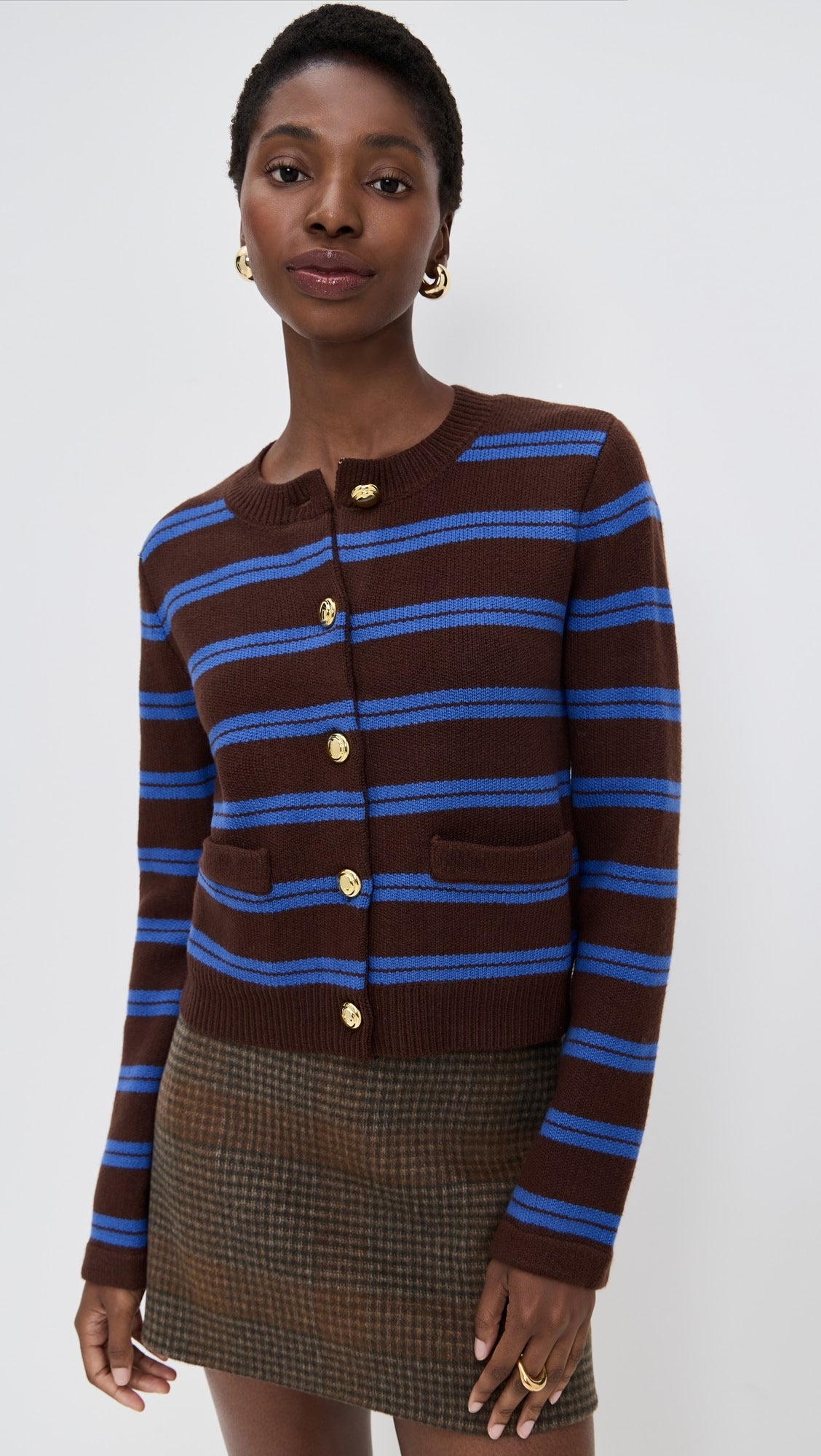 English Factory Blue and Brown Gold Striped Cardigan