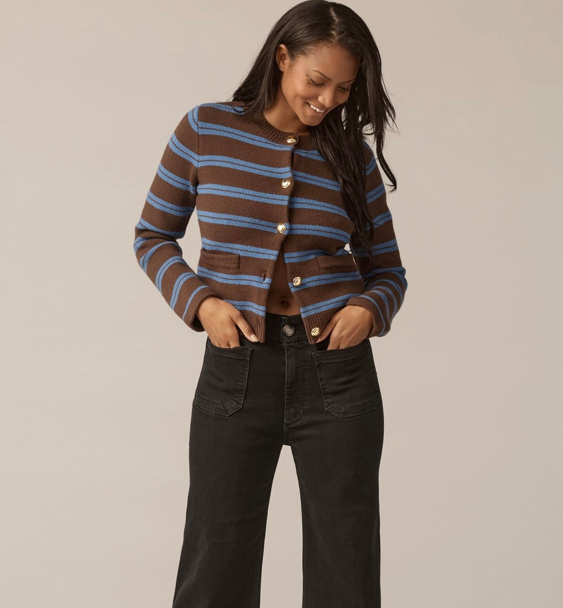 English Factory Blue and Brown Gold Striped Cardigan