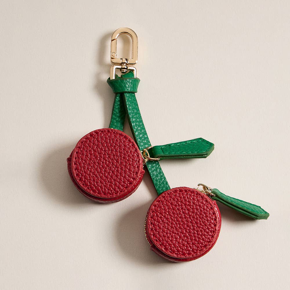 Genuine Leather Cherry Double Coin Purse / Keychain / Bag Charm