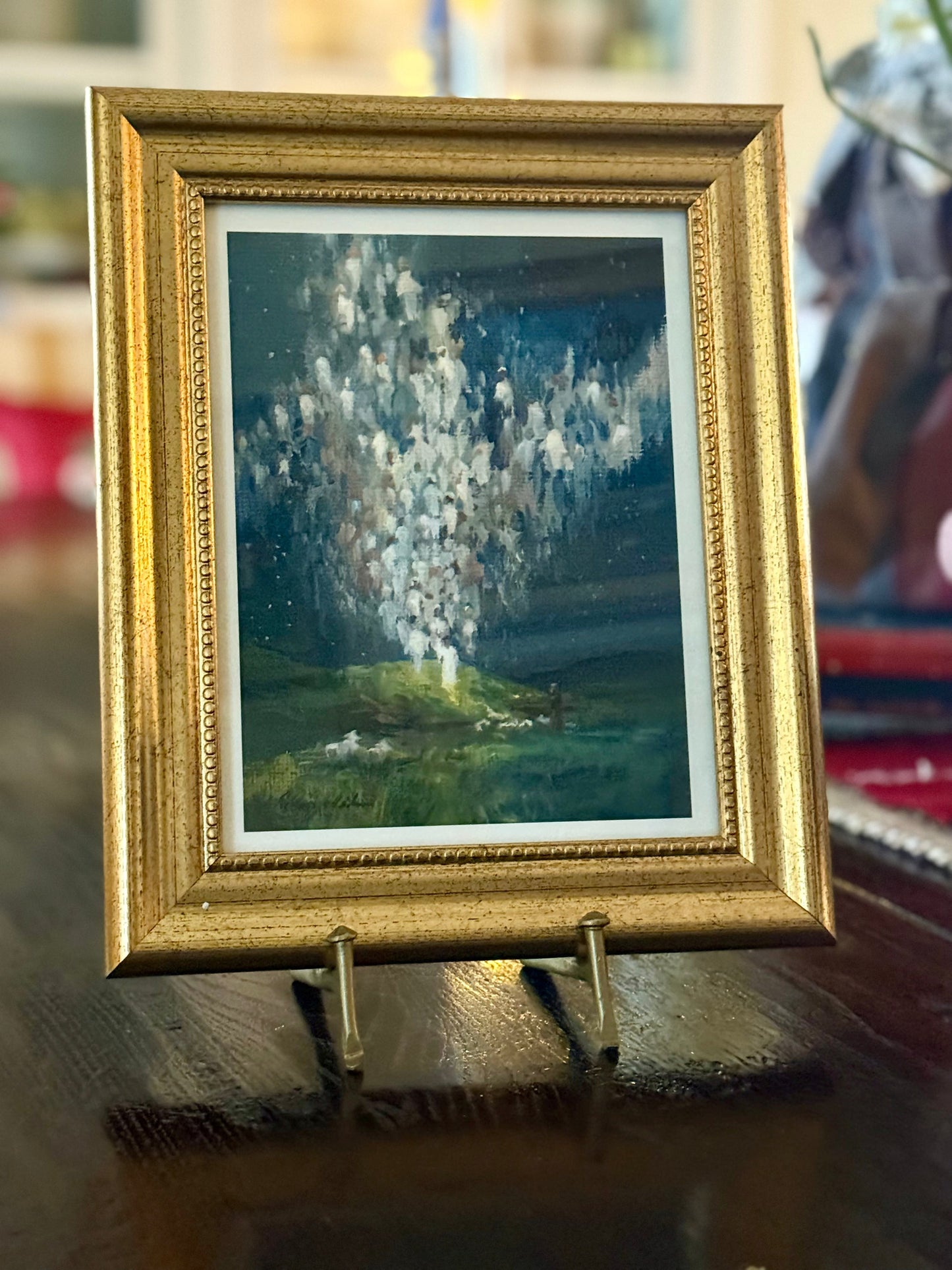 Gold Framed 6x8" Angels Print with white border by Ellie Wilson. (Frame 9.6" x 11.5")