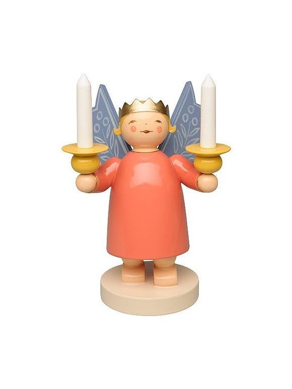 German Angel wearing crown with 2 candleholders and wooden candles