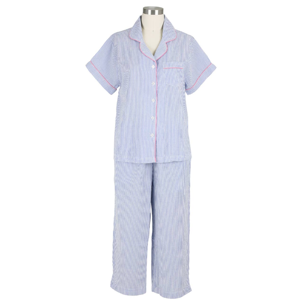 Blue Seersucker-Pink Short Sleeve Capri Pajamas