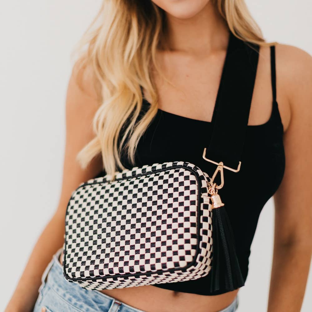 Woven Willow Camera Crossbody Bag: Checkered Navy