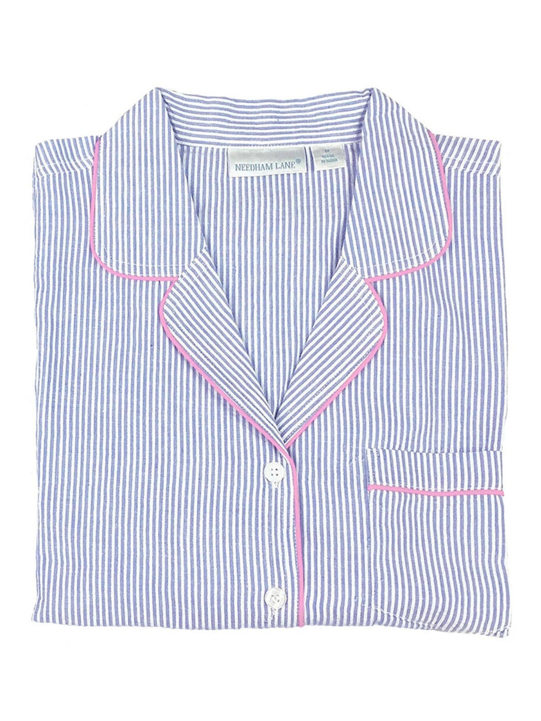 Blue Seersucker-Pink Short Sleeve Capri Pajamas