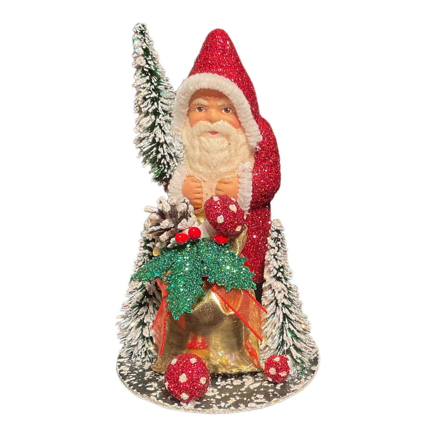 Ino Schaller Red Glitter Santa with Bag Paper Mache