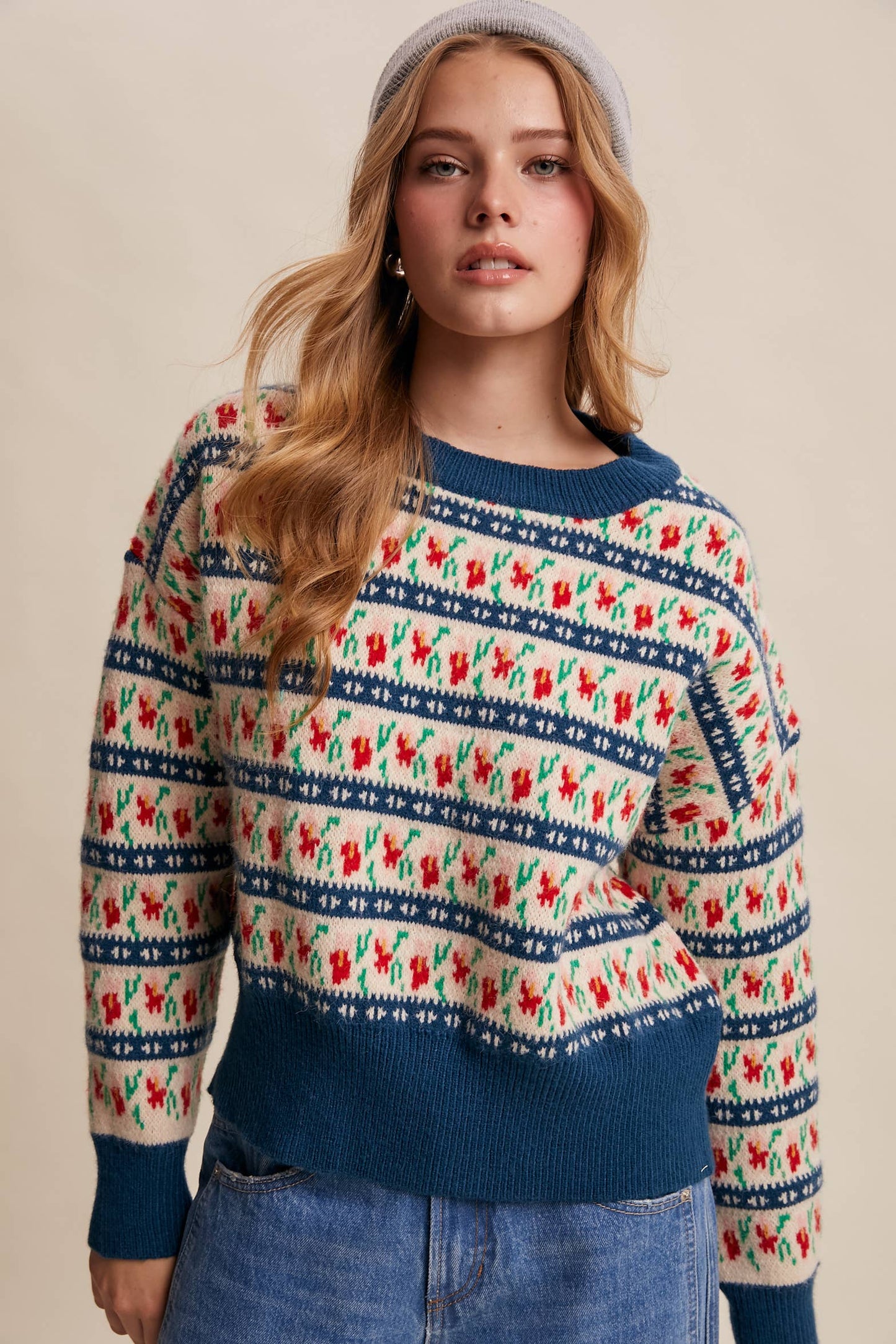 Floral Knit Sweater (Teal Color)