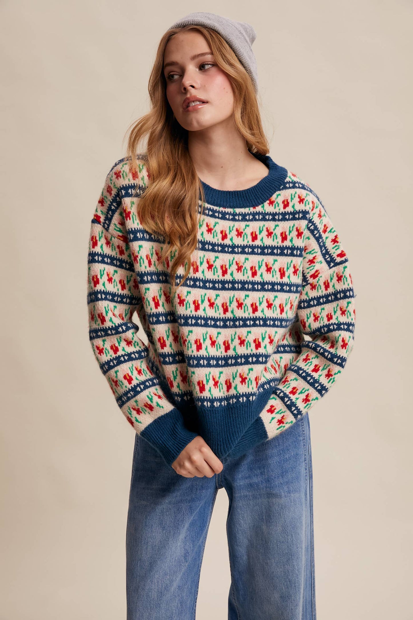 Floral Knit Sweater (Teal Color)