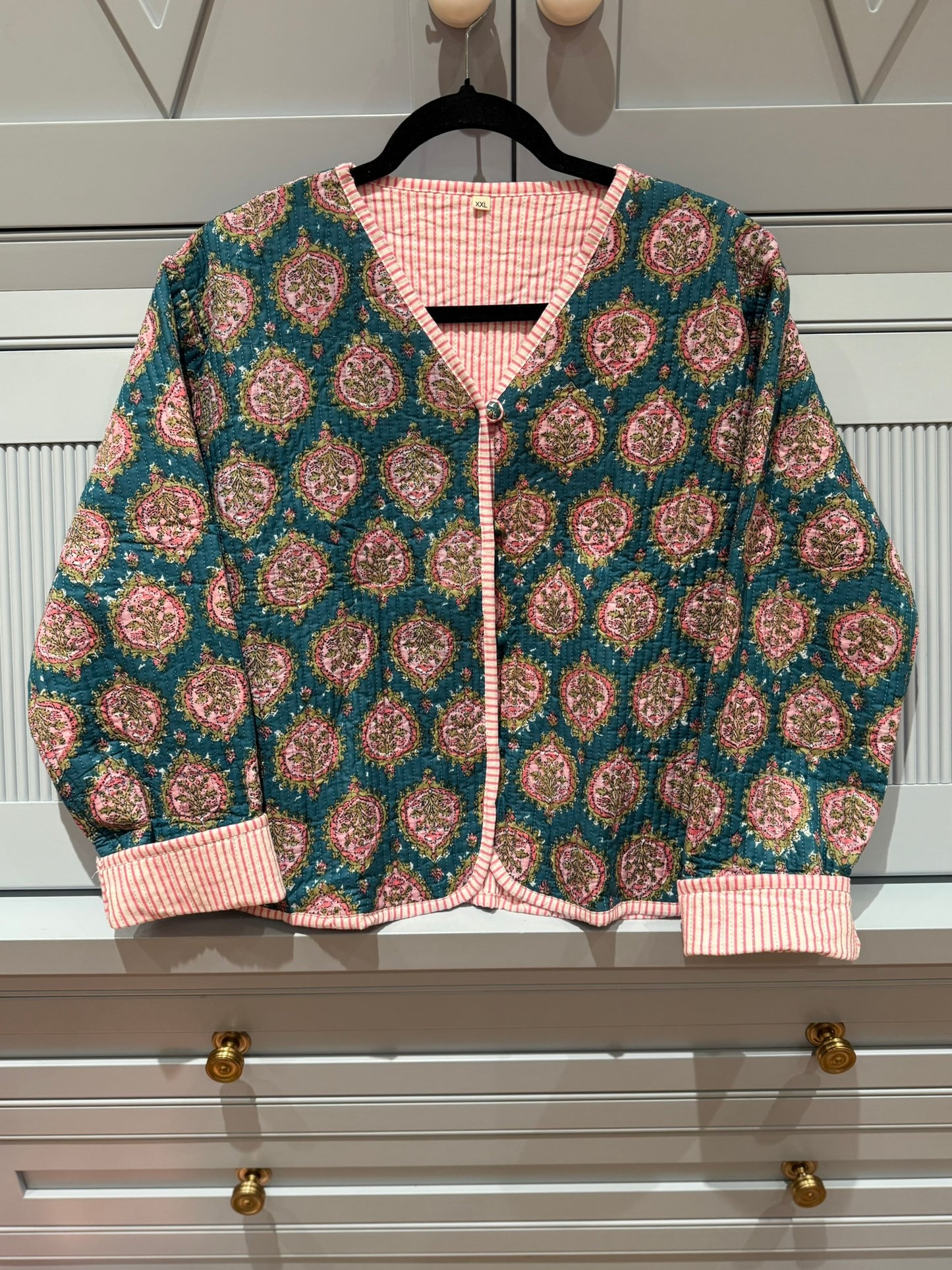 Deep Green and Pink Quilted Block Print Jacket