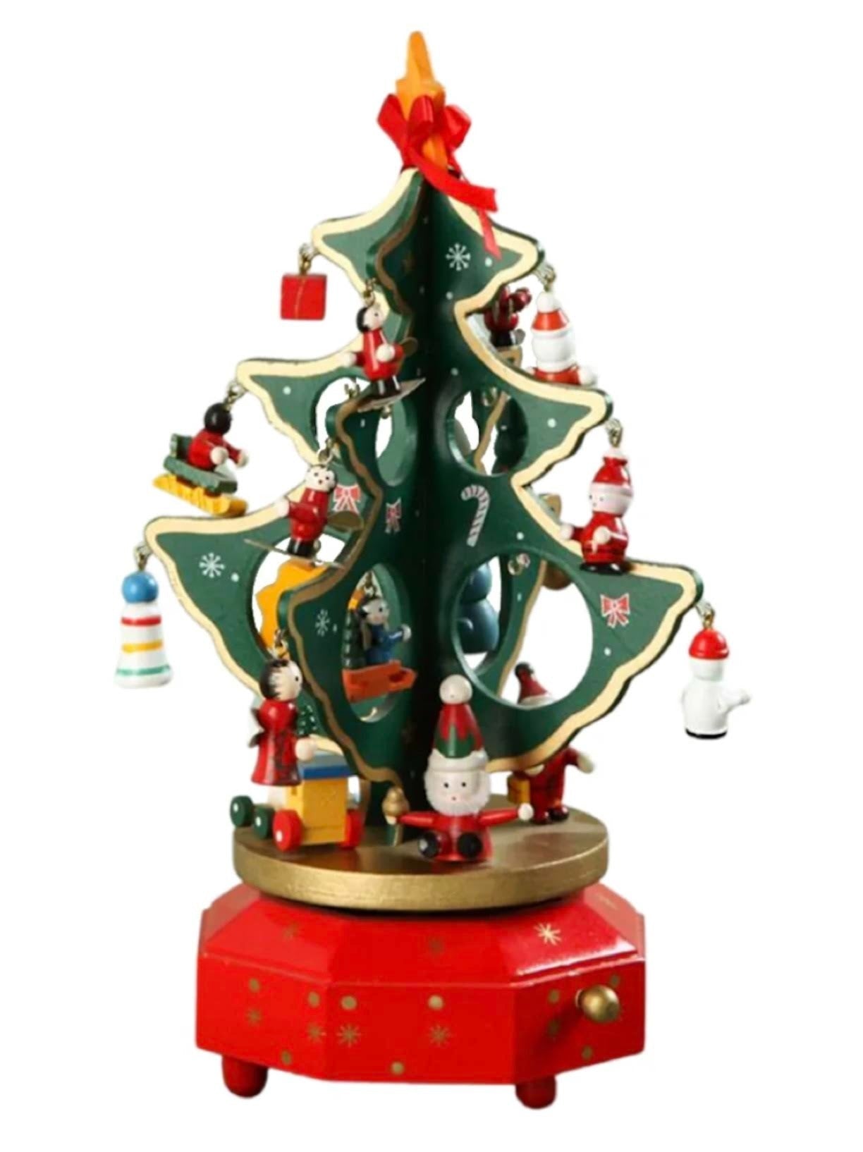 Wooden Christmas Tree Music Box with Ornaments