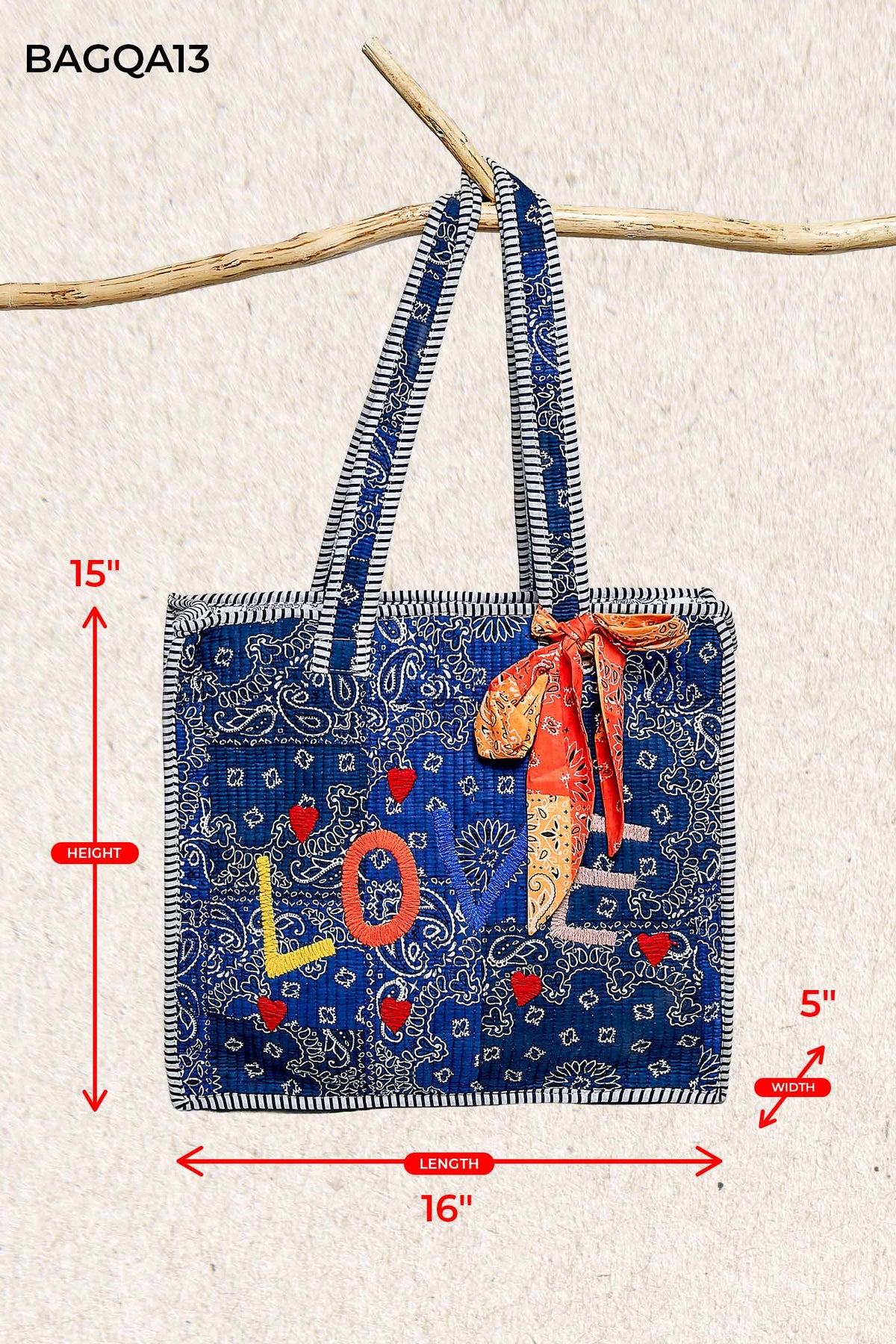 Quilted Indigo Paisley LOVE Tote Bag: INDIGO PAISLEY / OS