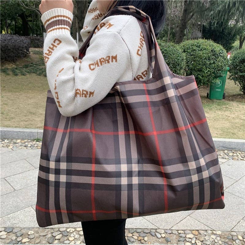 Foldable Eco-Friendly Large Capacity Portable Shoulder Bag: Coffee Plaid