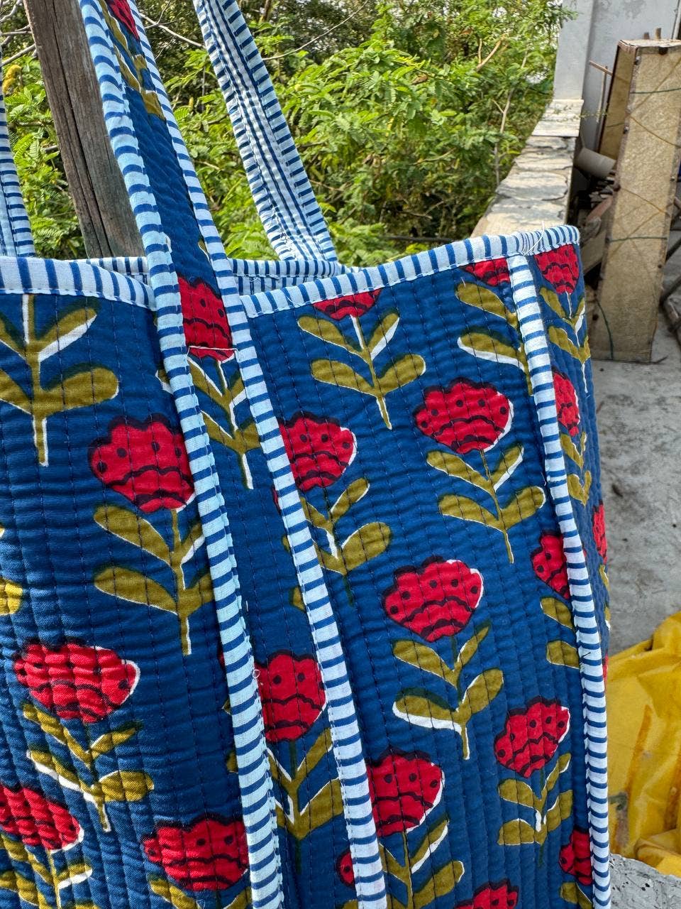 Quilted Blue Block Print Tote Bag