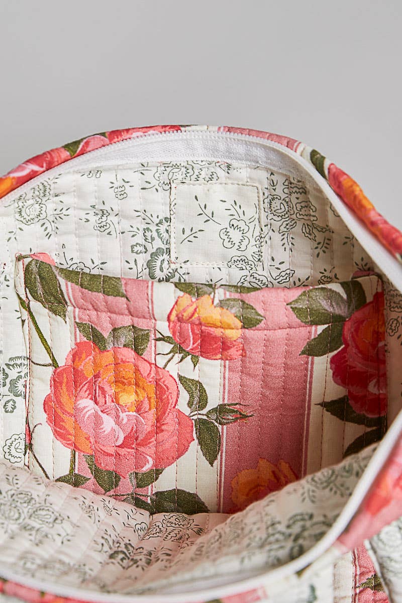 Quilted Floral Rose Print Vintage Crafted Tote Bag: PINK MULTI