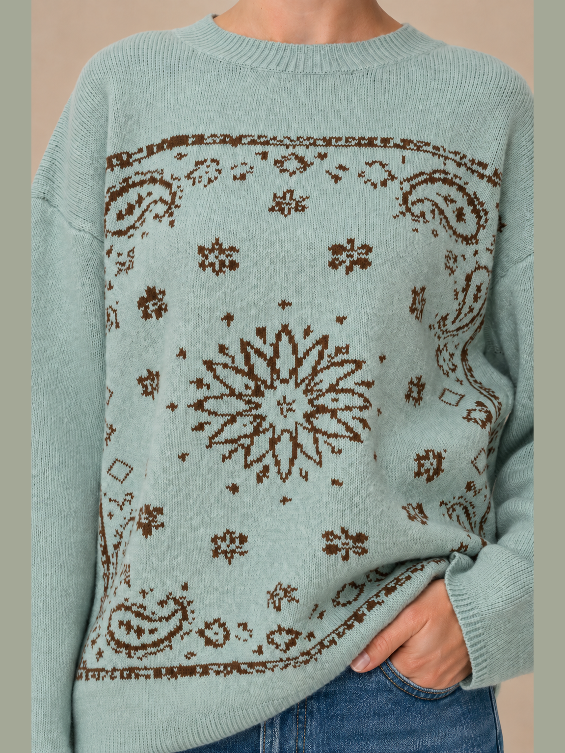 SA10162T - Western Bandana Jacquard Crewneck Sweater: Brown / M/L