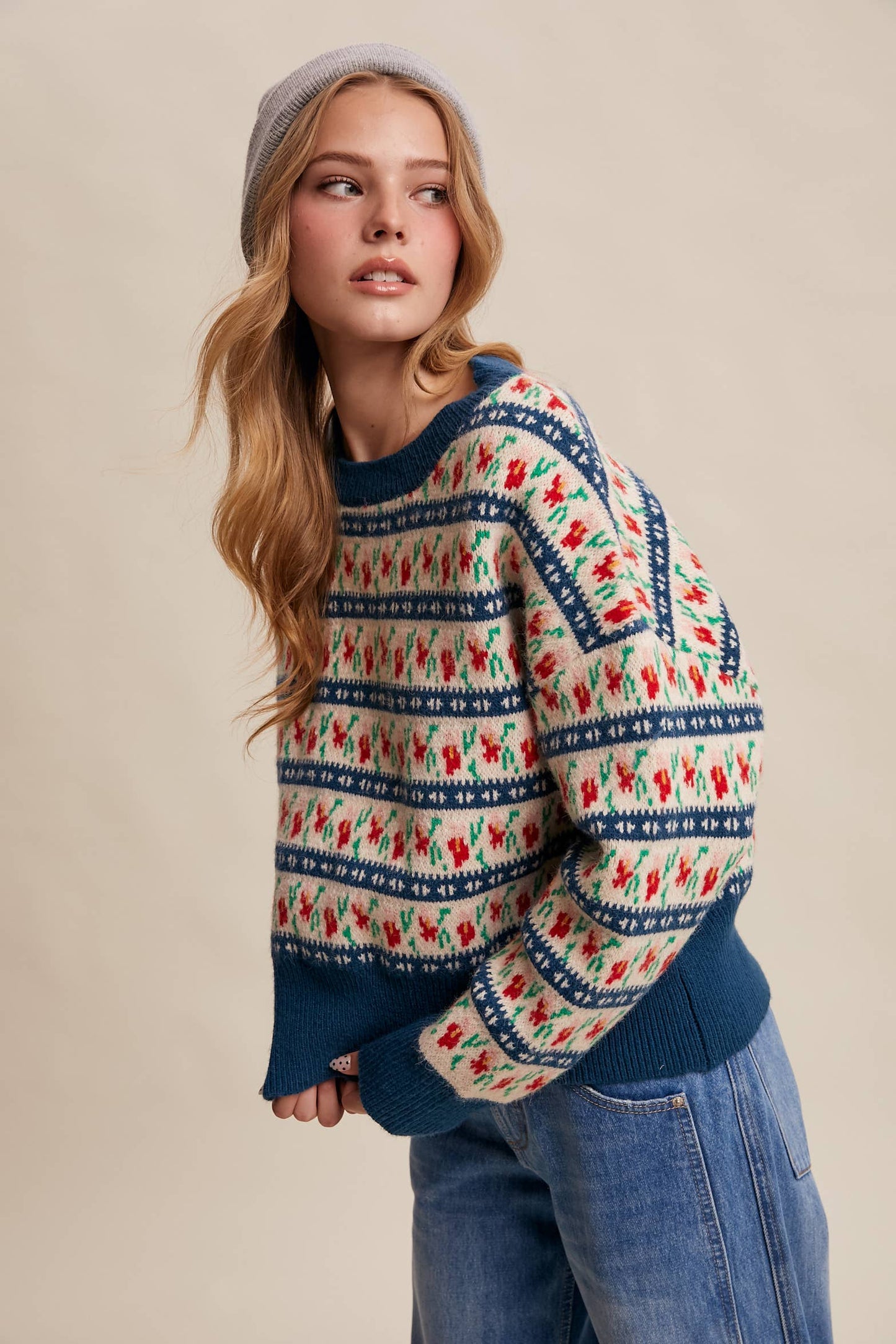 Floral Knit Sweater (Teal Color)