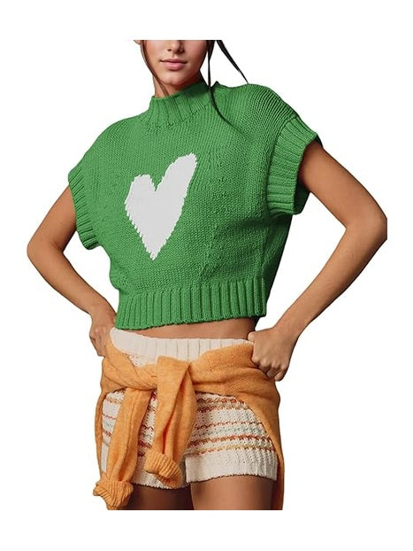 Women's Short Sleeve Sweater Green Heart Mock