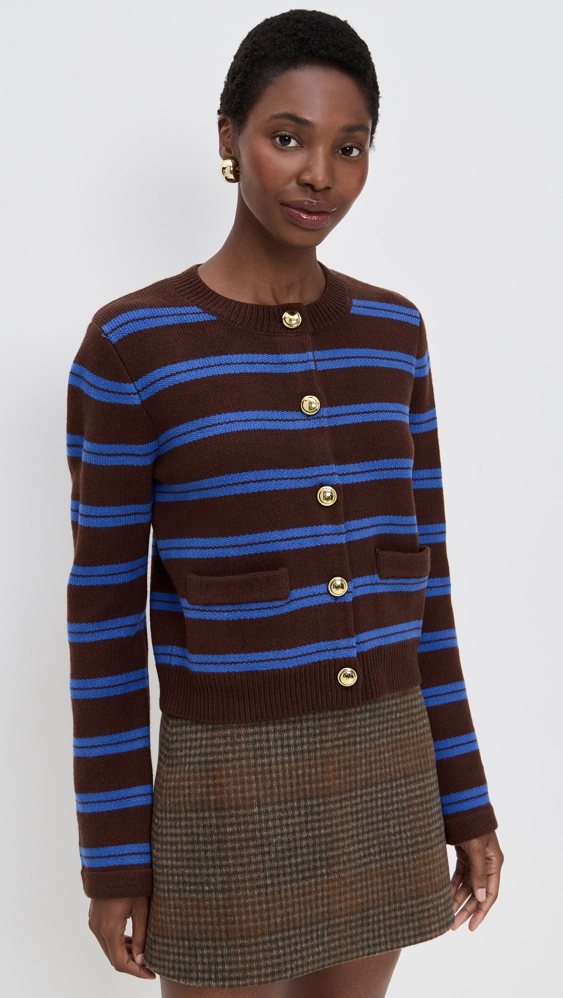 English Factory Blue and Brown Gold Striped Cardigan