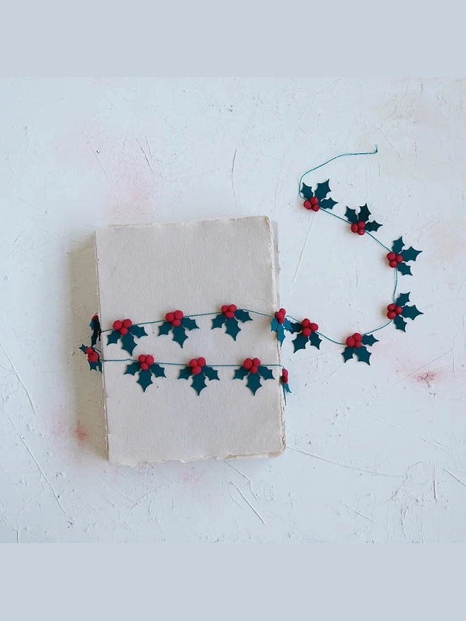 54"L Handmade Recycled Paper Holly Mini Garland w/ Pom Pom Berries, Green & Red