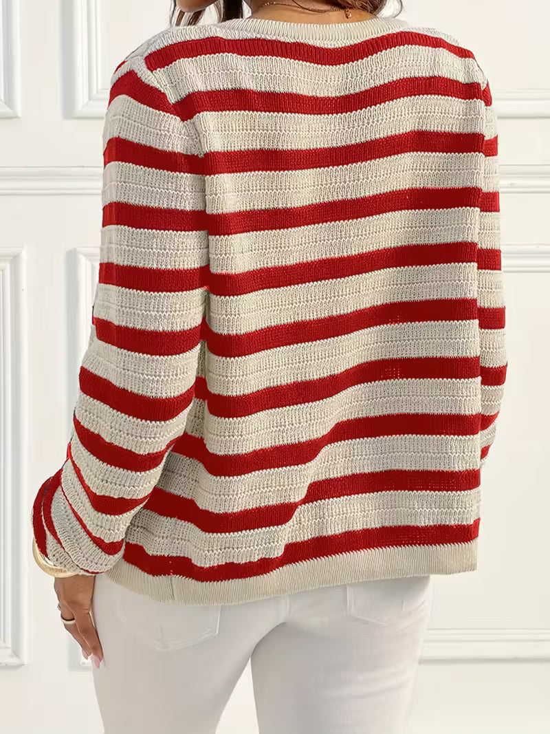 Striped Round-Neck Long-Sleeve Cardigan with Gold Buttons