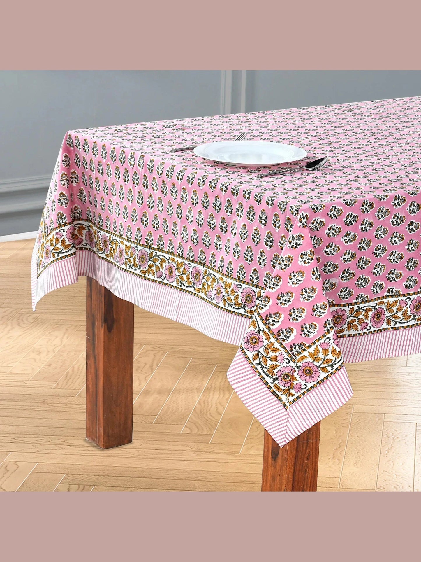 Poppy Pink Cotton Indian Hand-Block Printed Tablecloth