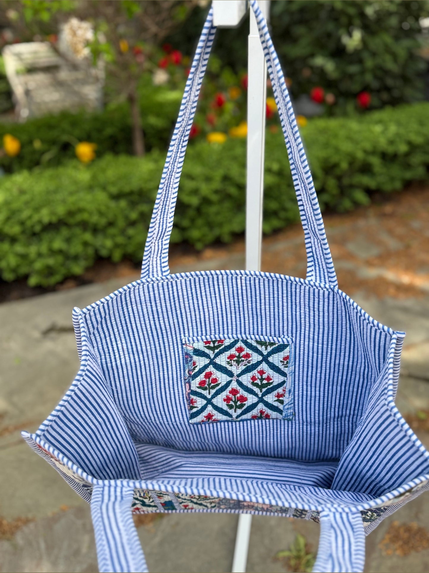 Large Quilted Block Print Tote - Blue Quilted