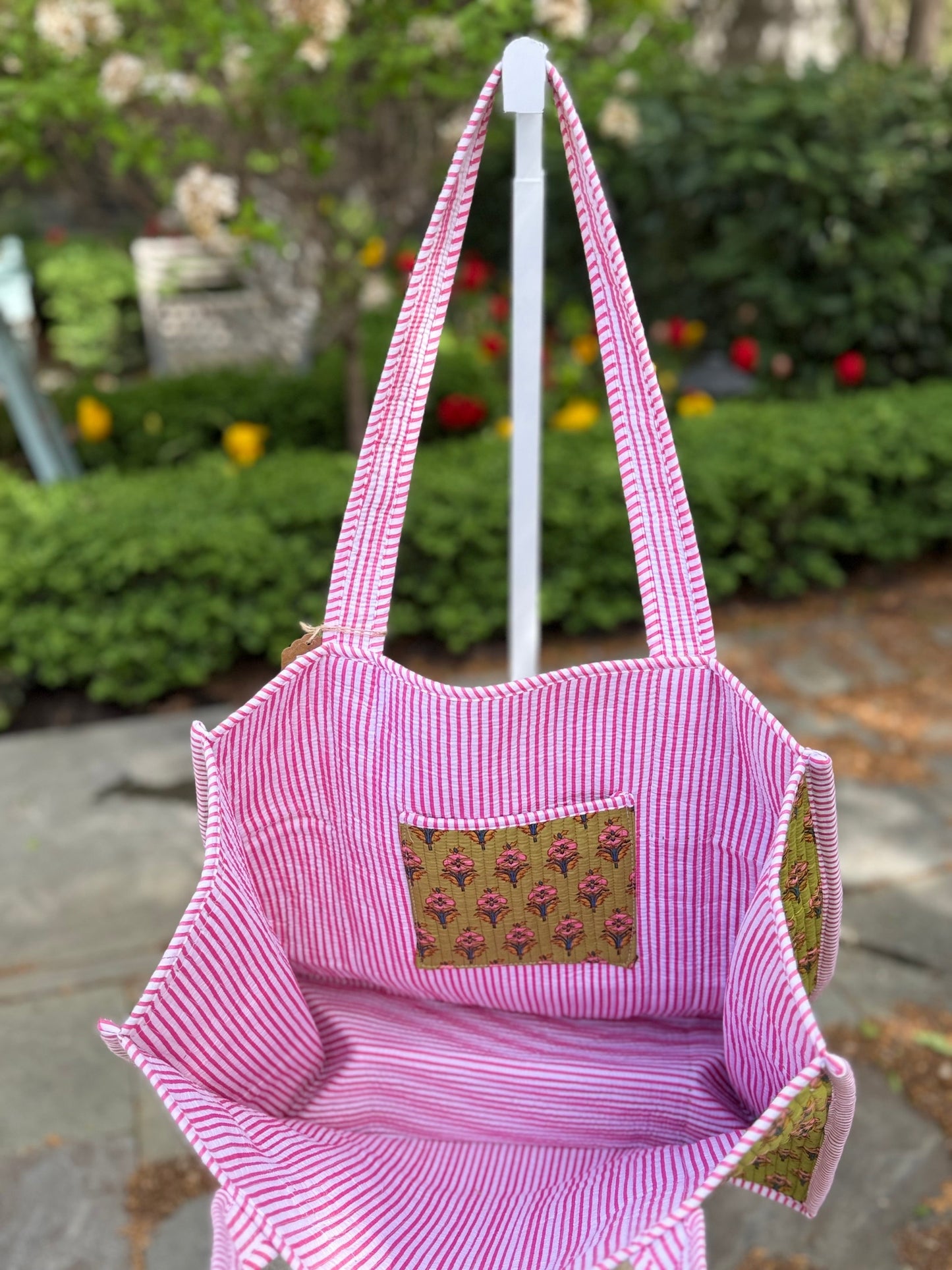 Large Quilted Block Print Tote - Green w/ pink flowers