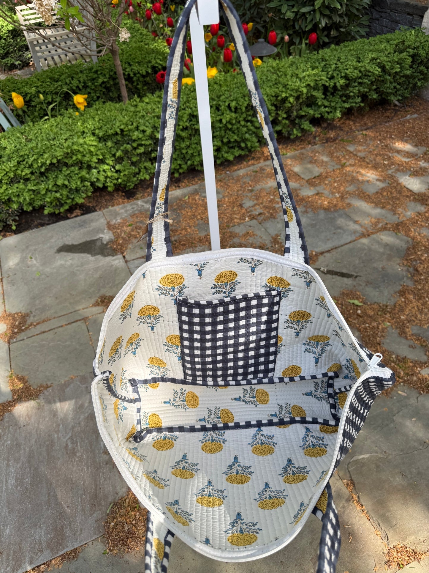 Quilted Block Print Storage Bag- Blue and White Check