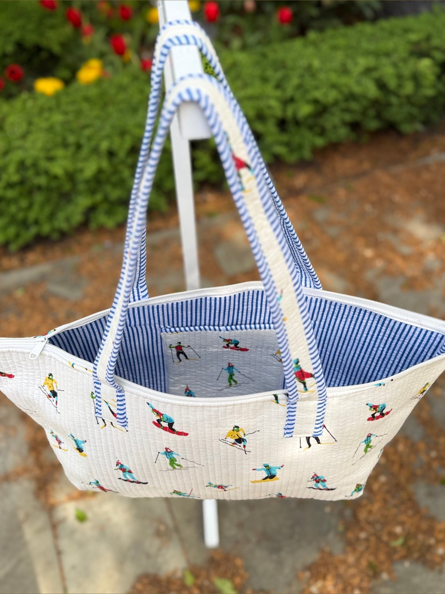 Quilted Block Print Storage Bag - Skiers