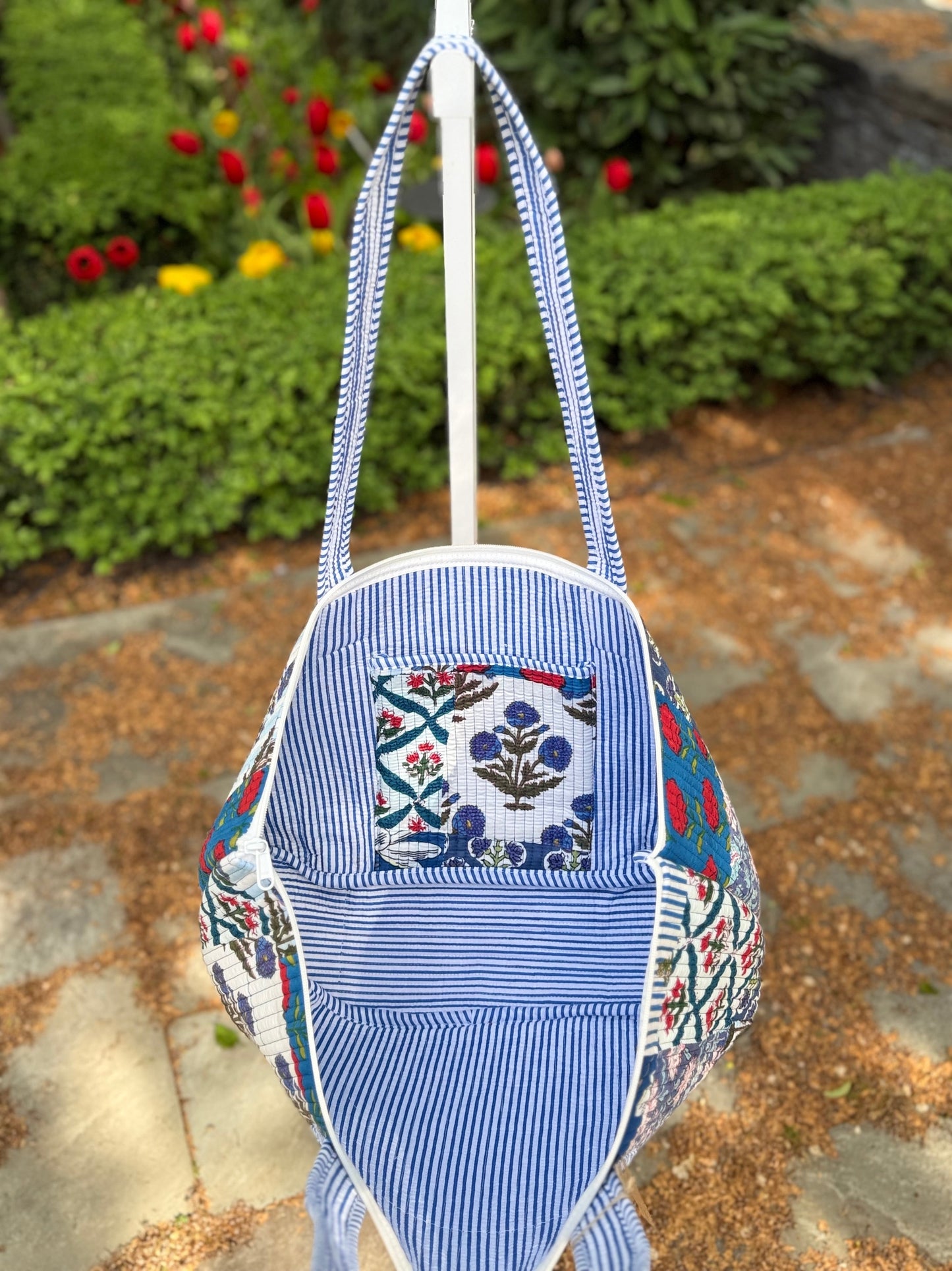 Quilted Block Print Storage Bag- Blue Patchwork