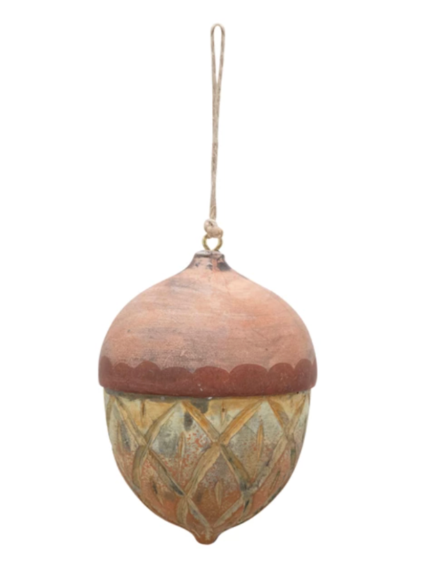 Hand-Painted Paper Mâché Acorn Ornament, 3-1/2"h