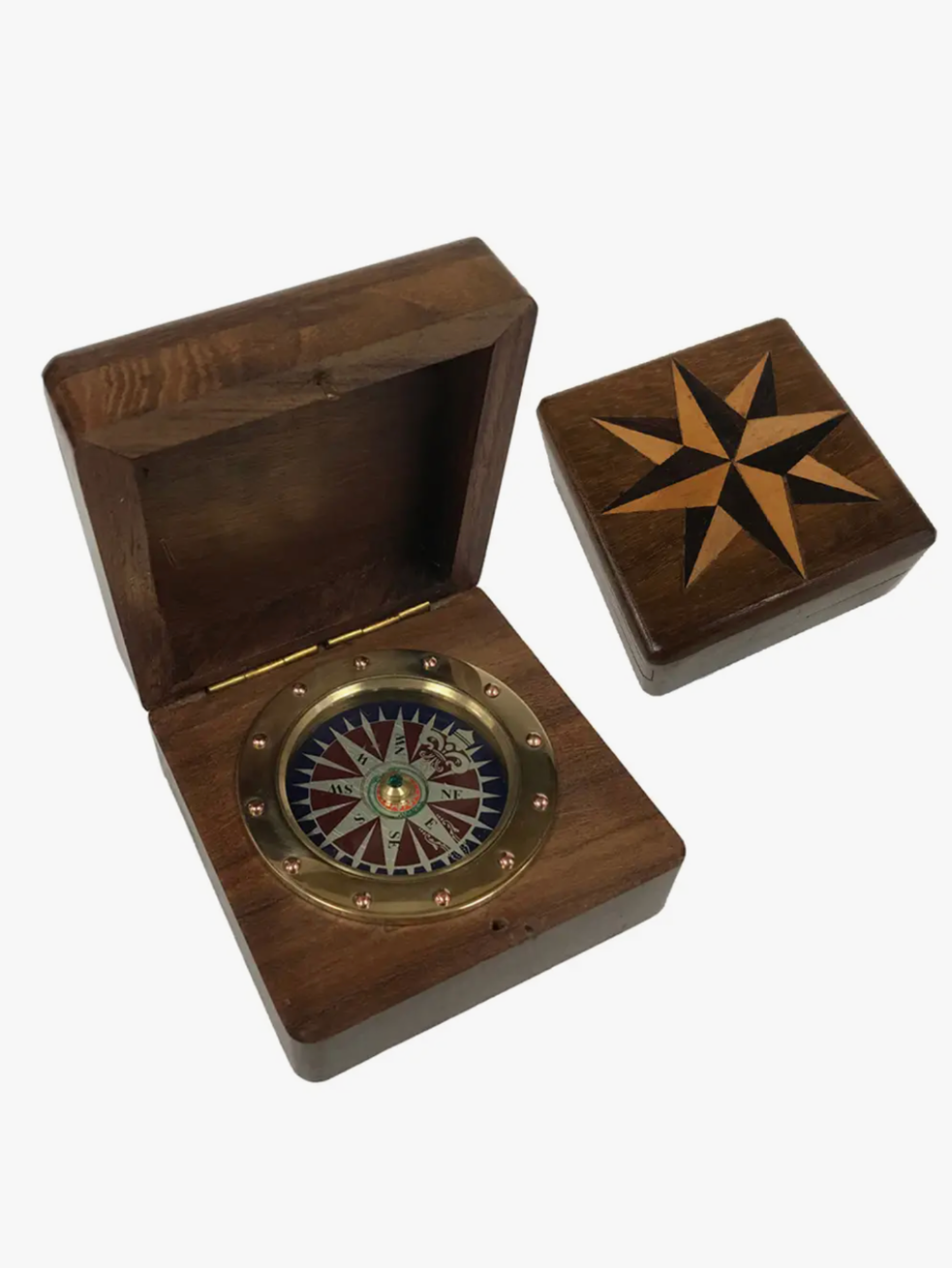 Madison Bay Co. 3" Wood Compass Box w/ Compass Rose Design & Brass Compass