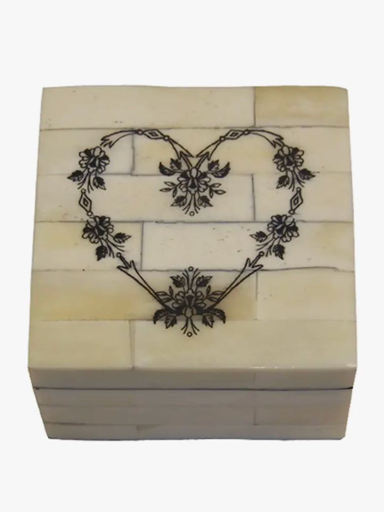 Madison Bay Co. 3-1/4" Etched Floral Heart Scrimshaw Bone Box