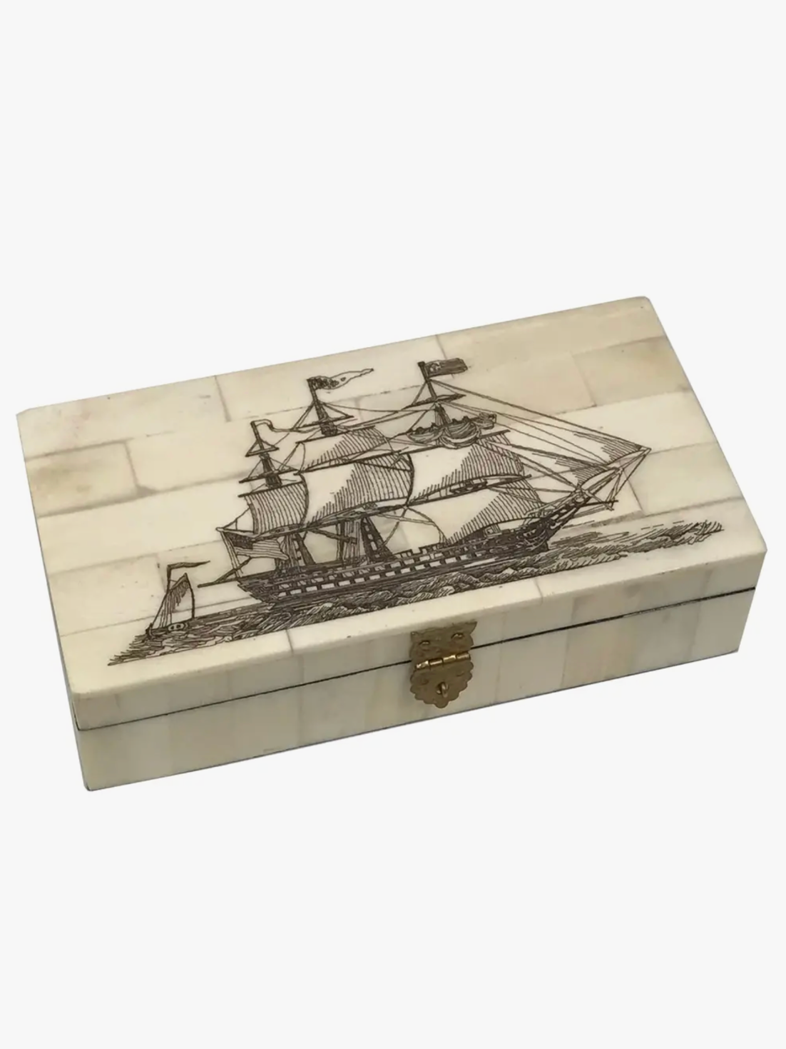 Madison Bay Co. 6-1/4" Ship of the Line Engraved Scrimshaw Bone Box