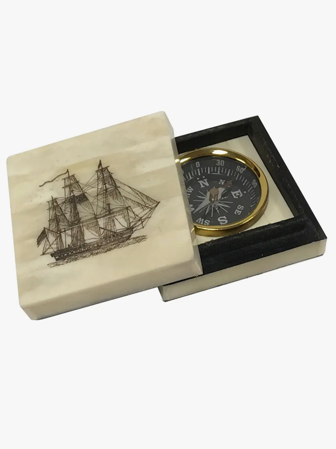 Madison Bay Co. American Frigate Engraved Scrimshaw Ox Bone Compass Box