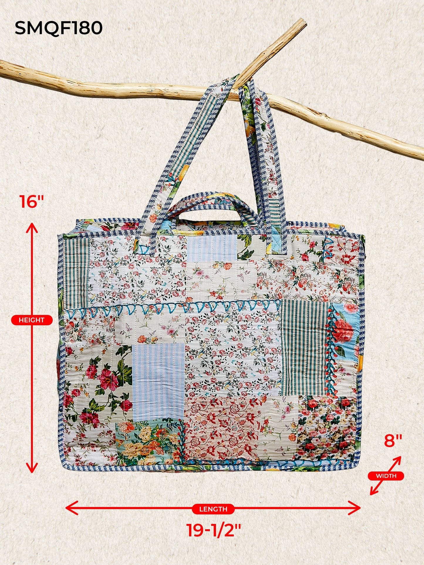 Blue-Bound Artisanal Illusion Patchwork Shopper Bag: IVORY/BLUE / Os