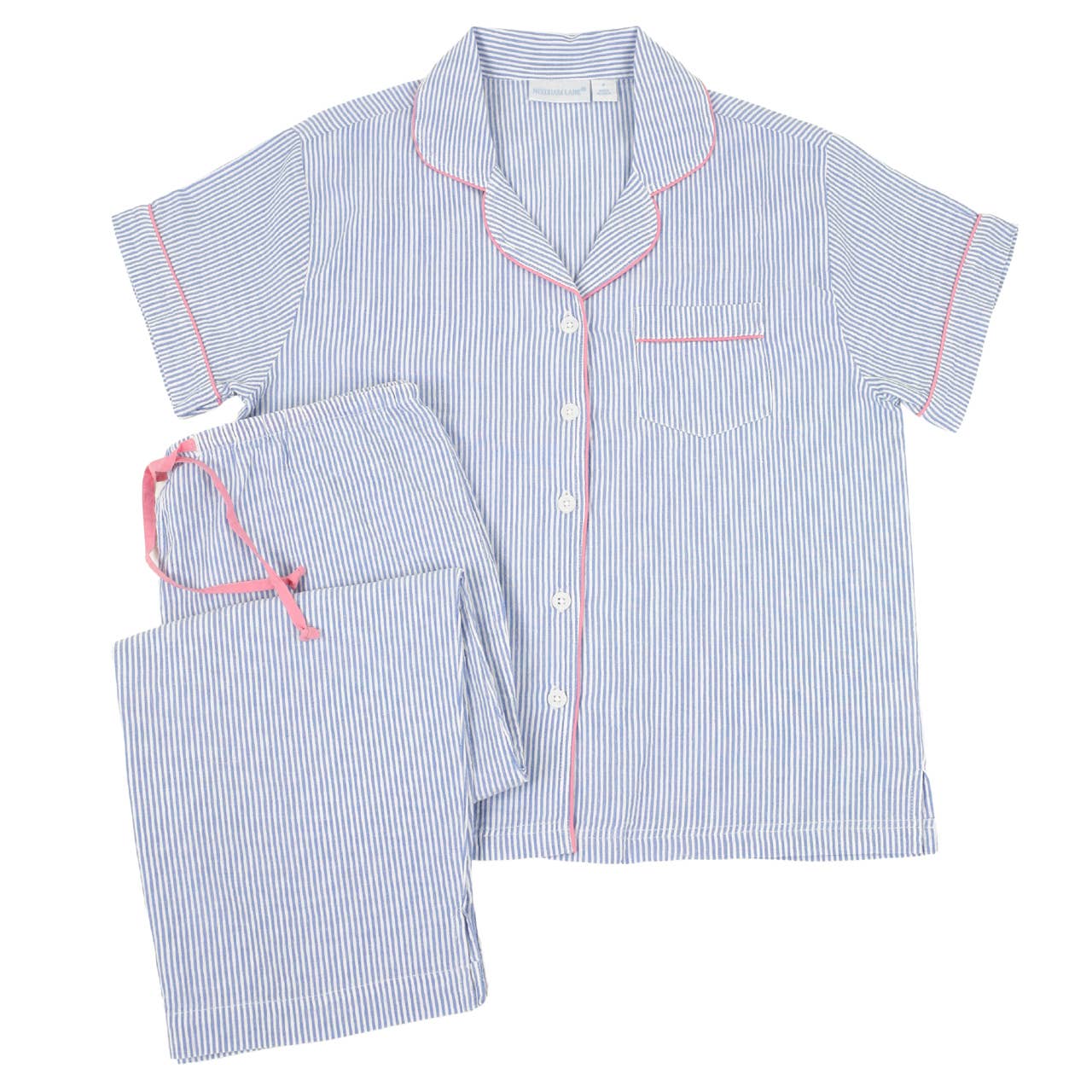 Blue Seersucker-Pink Short Sleeve Capri Pajamas