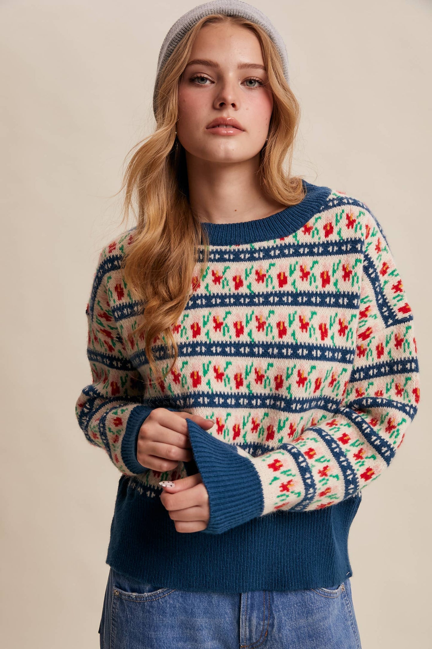 Floral Knit Sweater (Teal Color)