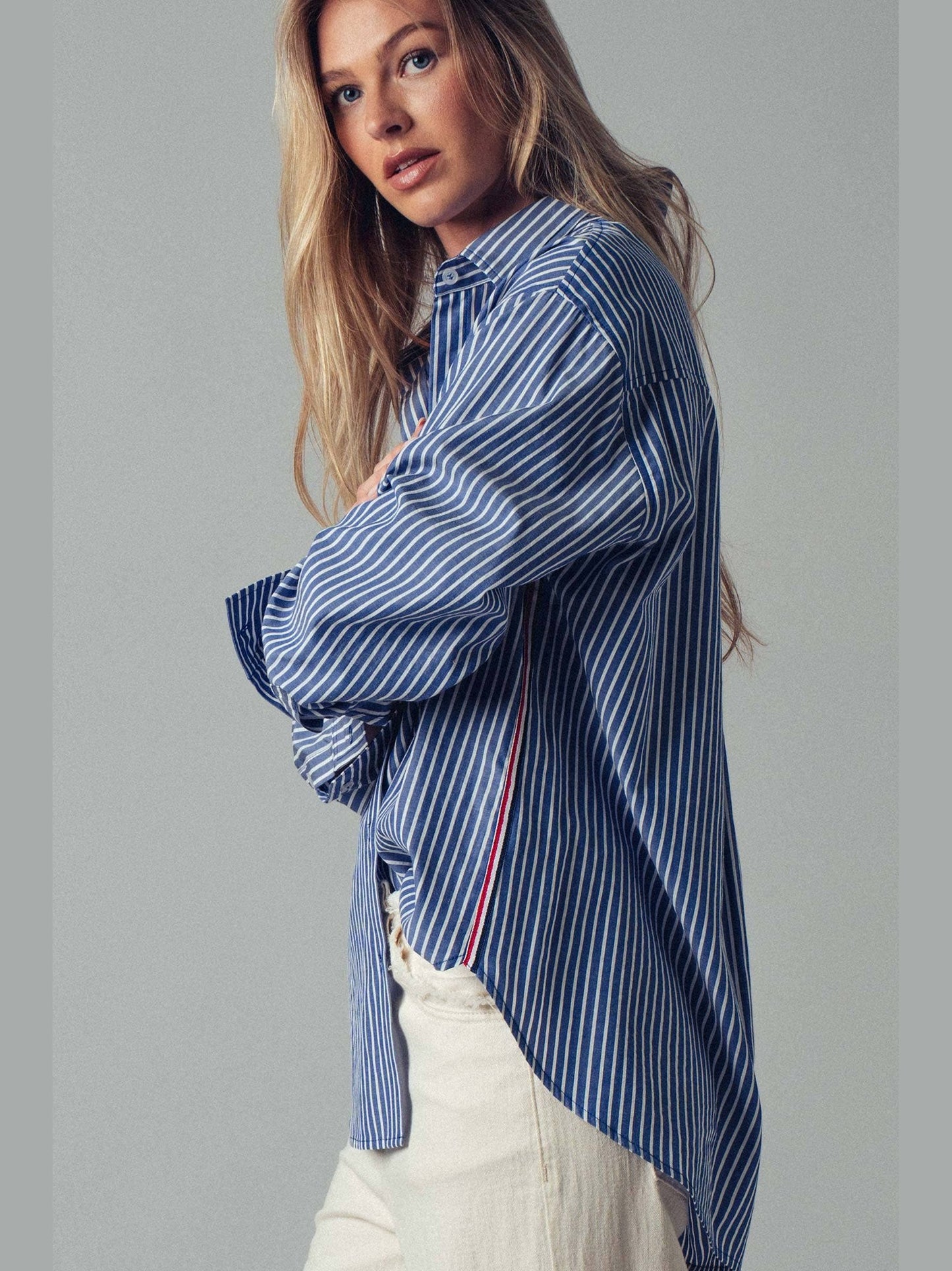 Striped Twill Tape Detail Statement Button Shirt: NAVY STRIPE
